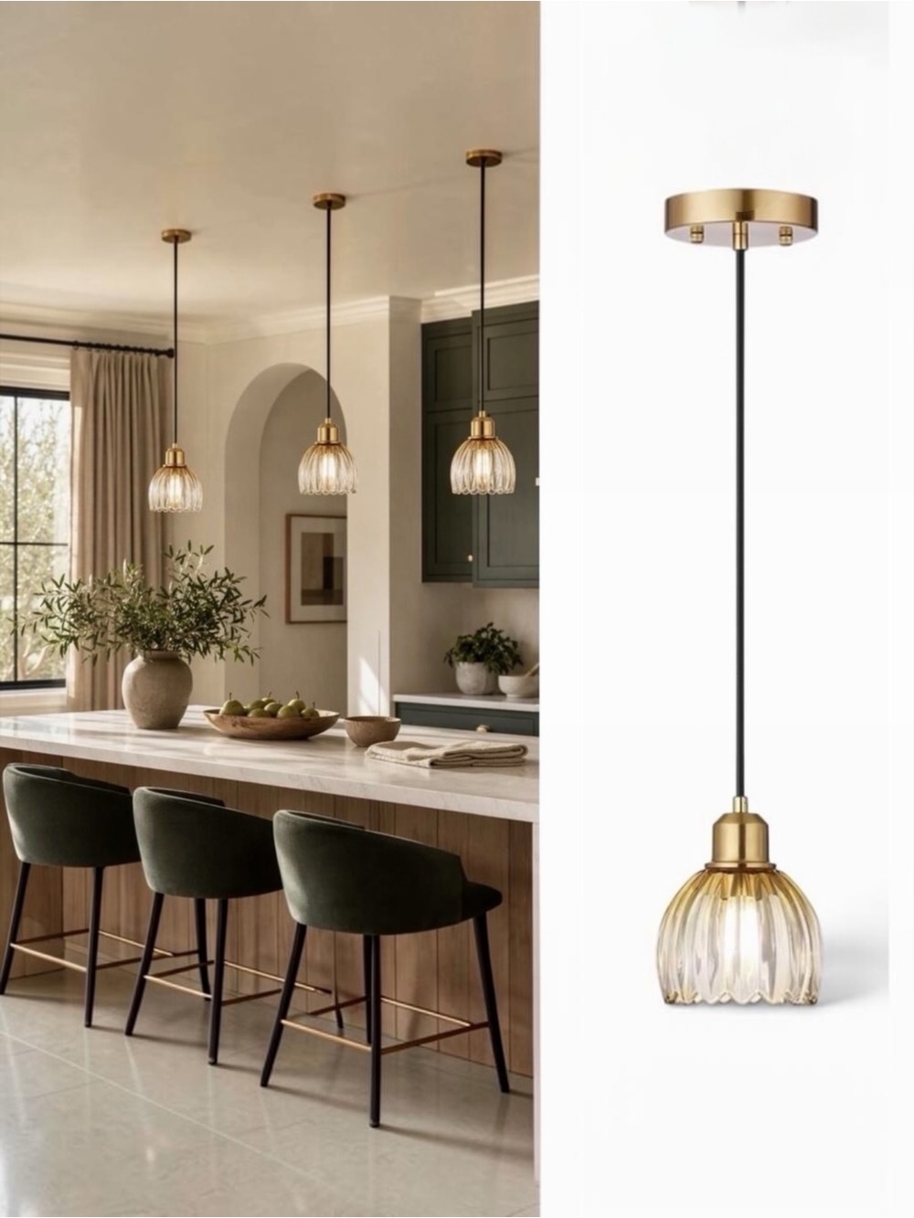 NEW West Elm Vintage Retro Amber Gold Glass Tulip Hanging Pendant Light Fixture